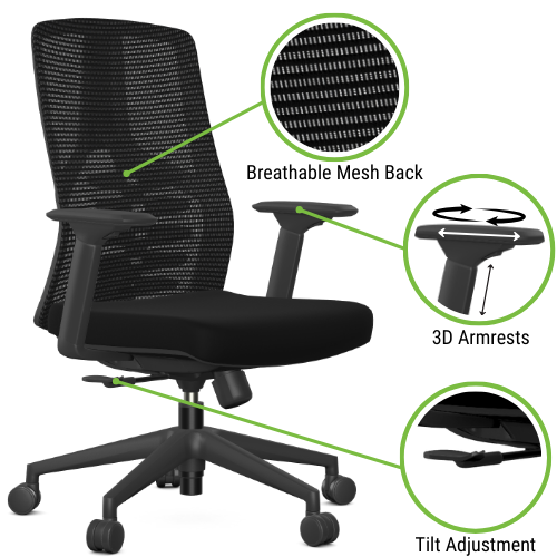 X.44 Chair without headrest - Features - Breathable Mesh Back, 3D Armrests & Tilt Adjustment